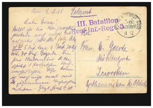 Liebes-AK Seemannslos: Abschied und Kriegsschiff, Feldpost 11.12.1915 mit BS