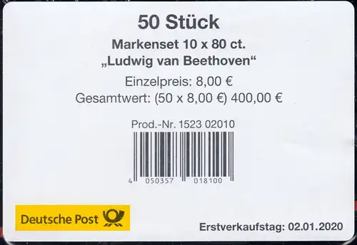 116 MH Beethoven, selbstklebend, Banderole für 50 Markensets