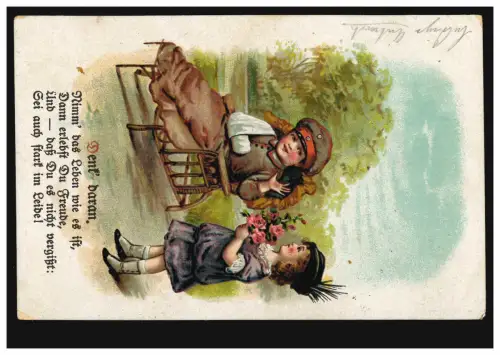 AK Junge spielt einen Verwundeten und Mädchen mit Blumen, Feldpost 18.8.1918