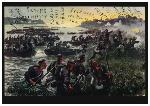 AK Der Angriff über den Fluss: Übergang auf Alsen, Feldpost WESEL 7.4.1916