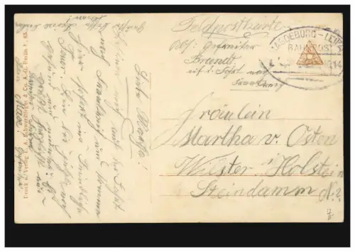 Humor-AK Nur nicht drängeln! Feldpost per Bahnpost MAGDEBURG-LEIPZIG 1914