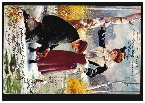 AK Amour envie d'hiver: En habillage de patins, Carte locale MUNICHE 17.2.1903