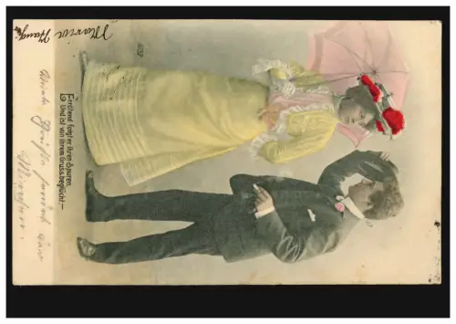 AK Liebespaar: Errötend folgt er ihren Spuren. Und ist von ihrem Gruss beglückt.