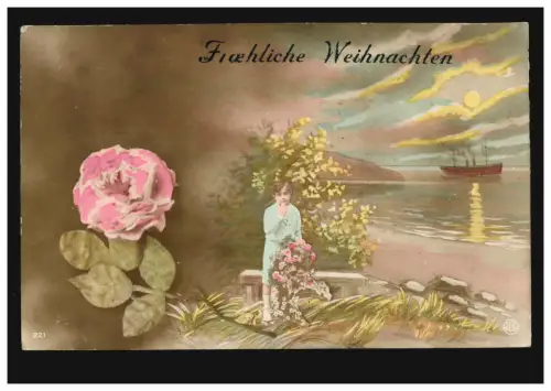 AK Noël enfant avec des fleurs à la mer avec bateau, poste de champ 77 - 24.12.1914