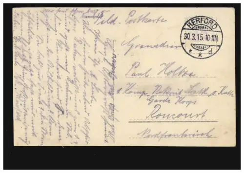 Foto-AK Ostern Mädchen Huhn mit Eiern Weidenkätzchen, Feldpost HERFORD 30.3.1915
