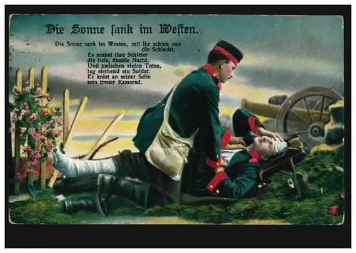 AK Le soleil est tombé à l'ouest: Soldat mourant avec des camarades, BONN 9.3.1915