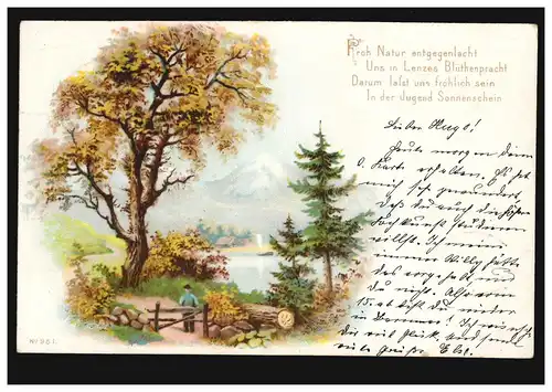 AK Landschaftsbild mit Eiche, Gedicht: Froh Natur entgegen lacht.., DÜLKEN 1900
