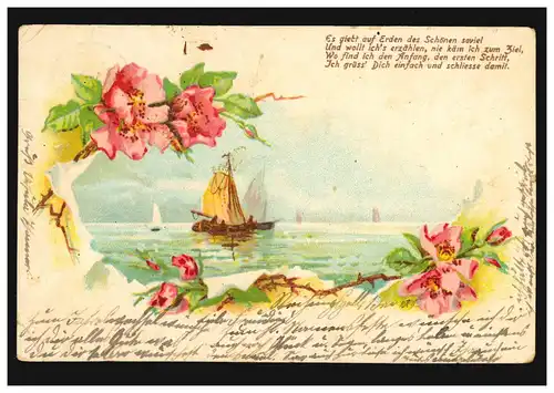 AK Meer mit Segelschiffe, Gedicht: Es gibt auf Erden.. WAIN - KRANZEGG 1905