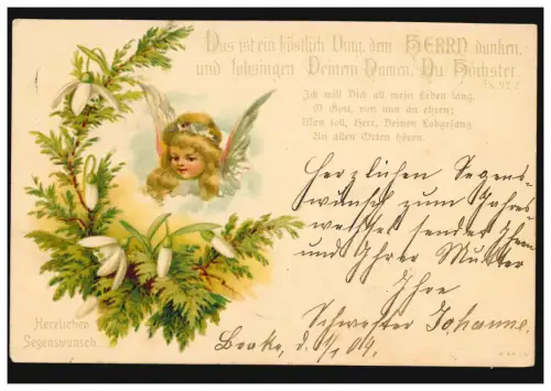 AK Engel mit Maiglöckchen Segenswusch Psalm 92.2., Bahnpost BRAKE-OLDENBEUG 1904