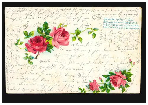 AK Branches de roses, poème: Je pense toujours à ton ..., HAMBURG 13a 29.4.1903