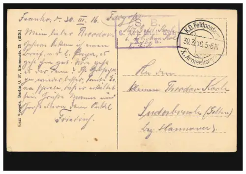 Poste de terrain SB 6. Artillerie Colonne de munitions X. AK 30.3.1916 sur Ak espoir