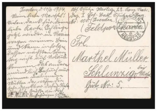 AK Paysage avec homme dans la cave et la maison comme carte postale de champ DRESDEN 14.6.1917