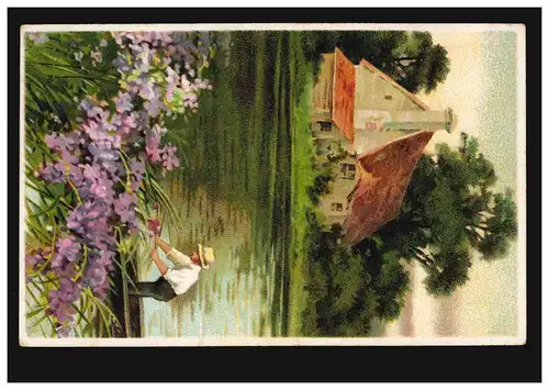 AK Paysage avec homme dans la cave et la maison comme carte postale de champ DRESDEN 14.6.1917