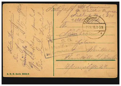 Feldpost BS Munitionlager auf AK Dorfidylle 21.10.1918 nach Neukölln/Berlin