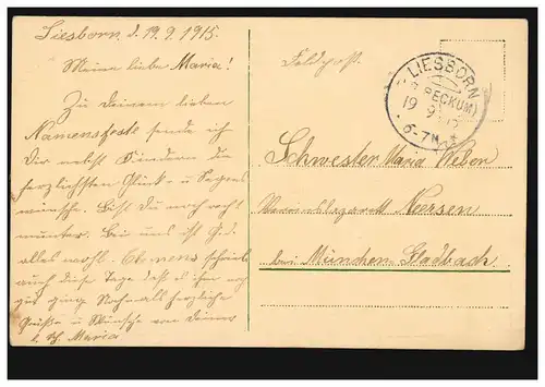 Feldpost an das Vereinslazarett in Neersen, LIESBORN (KR. BECKUM) 19.9.1916