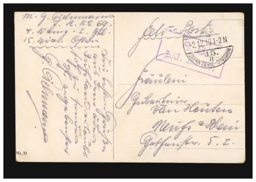 Feldpost BS I./J.R. 69 der 15. Inf.-Div. 21.12.16 nach Neuss, AK Schlittenrennen