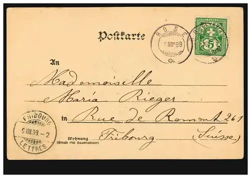 Cartes de coeur AK d'artistes Kind avec modèle de bateau, ROSE 9.8.1899 vers FRIBOURG