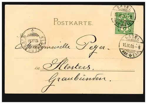 Künstler-AK Frau Hut Stock, BASEL 11.9.1901 nach KLOSTERPLATZ 12.9.01 