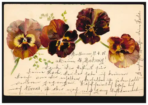 Aquarell-AK Blumen, HEILBRONN ZWEIGPOSTSTELLE 1 - 11.4.1901 nach MENTON 13.4.01