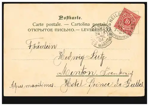 Aquarell-AK Blumen, HEILBRONN ZWEIGPOSTSTELLE 1 - 11.4.1901 nach MENTON 13.4.01