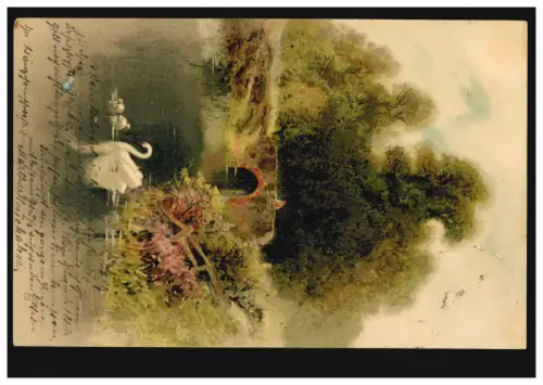AK Artiste Am Weiher - Cygne mère et pont, LICHTENSTEIN-CALLNBERG 1904