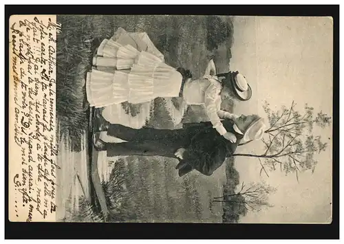 Belgique AK couple d'amoureux sur la passerelle cassée, MORLANWELZ 17.12.1903
