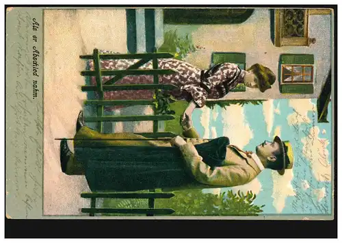 AK couple d'amour à la clôture de jardin: Quand il a pris congé. MUNICH 18.8.1905