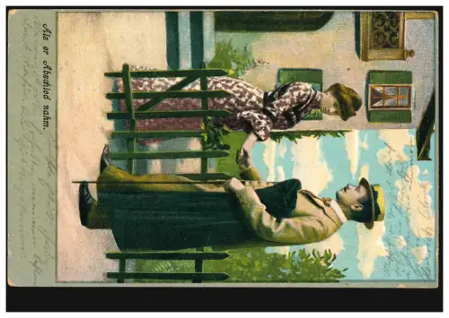 AK couple d'amour à la clôture de jardin: Quand il a pris congé. MUNICH 18.8.1905