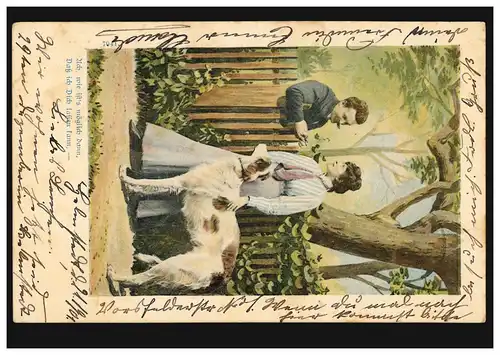 AK couple d'amoureux avec chien sur la clôture de jardin, HELMSTEDT 21.1.1901 selon ROTTORF 22.01.01