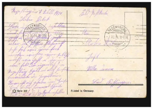 Carte de vue Paysage avec village pont moutons église, REGENSBURG 7.10.1914