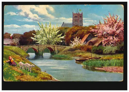 Carte de vue Paysage avec village pont moutons église, REGENSBURG 7.10.1914