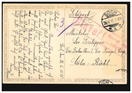 Zensur Cleve P.K. auf Feldpost an Ersatz-Bataillion in Cöln-Riehl, GOCH 26.6.15