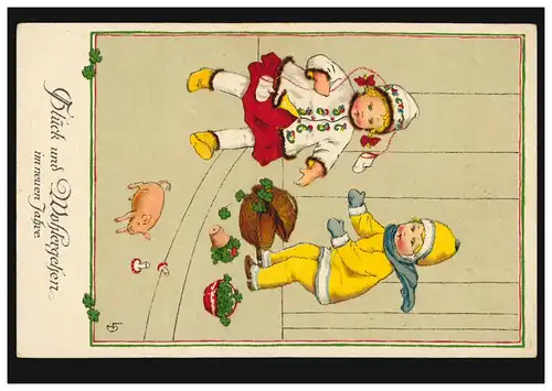 Carte de l'artiste Nouvel An: Enfants avec cochon chanceux et trèfle chanceuse, 1920