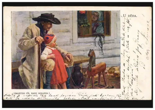 Carte d'artiste U Deda: grand-père avec fille et cheval à bascule, PRAG 1909