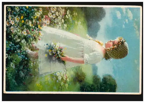 Carte de visite d'artiste: Fille dans une prairie de fleurs, EGNACH 6.8.1929