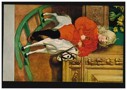 Künstler-Ansichtskarte Carl Larsson: Auf dem Schaukelpferd, LEYSIN 4.5.1938