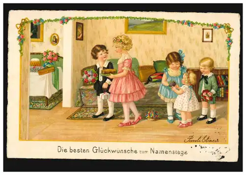 Künstler-AK Namenstage: Gratulation mit Kuchen und Geschenken, NEUSS 19.11.1931