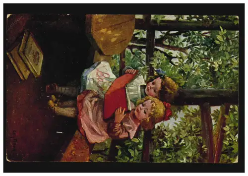 Künstler-AK E. Frank: Im Märchenland - Zwei lesende Mädchen, HAMM 25.7.1920