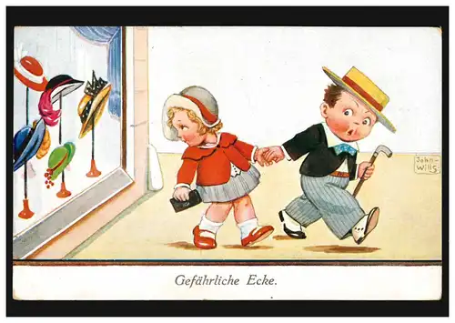 Künstler-AK Kinder: Hüte im Schaufenster - Gefährliche Ecke, per Bahnpost 1934 