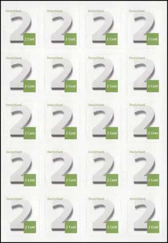 FB 34II Ergänzungsmarke 2 Cent, Folienblatt, 20 x 3045II (hell, OHNE SAD), **
