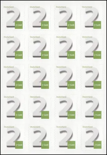 FB 34II Ergänzungsmarke 2 Cent, Folienblatt, 20 x 3045II (hell, OHNE SAD), **