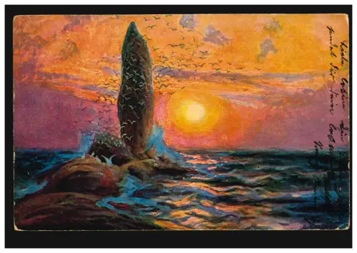 Künstler-AK A. Kircher: Sonnenuntergang am Meer mit Möven, BERLIN 29.7.1906