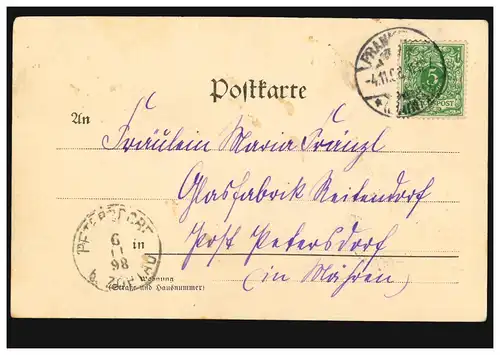 Künstler-AK Der erste Freier FRANKFURT/MAIN 4.11.1898 n. PETERSDORF/ZÖPTAU 6.11.