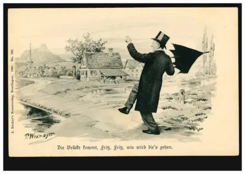 Humor-AK Widmayer: Der Betrunkene - Die Brücke kommt ..., ungebraucht