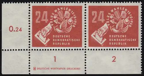 275DZ Volkswahlen 1950, Eckrand-Paar mit Druckeizeichen auf R1, ungefaltet, **
