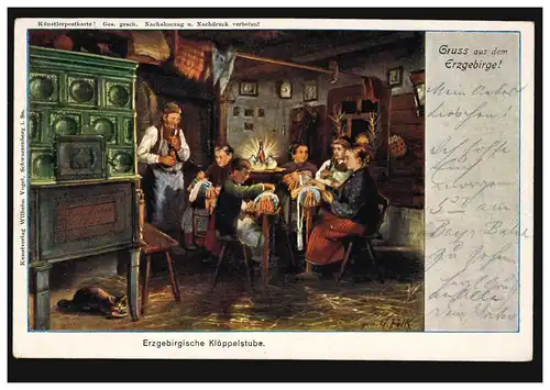 AK Gruss aus dem Erzgebirge: Erzgebirgische Klöppelstube, ANNABERG 30.5.1902
