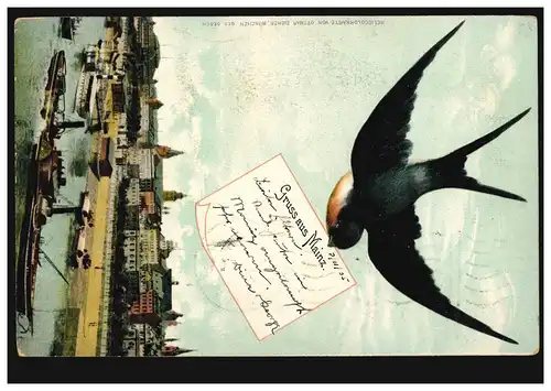 AK Gruss de Mayence: Hirondelle avec lettre et panorama aux États-Unis, 10.8.1905