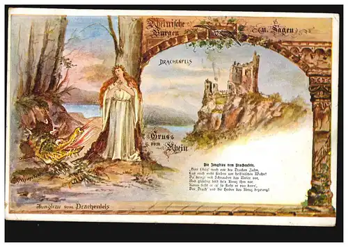AK Gruss vom Rhein - Rheinische Burgen und Sagen: Drachenfels, BOPPARD 28.8.1906