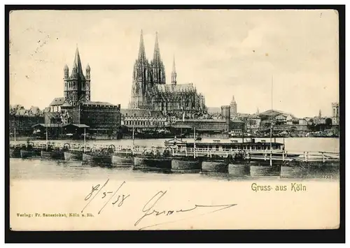 AK Gruss aus Köln: Panorama mit Rheinbrücke und Kölner Dom, 8.5.36 nach Belgien