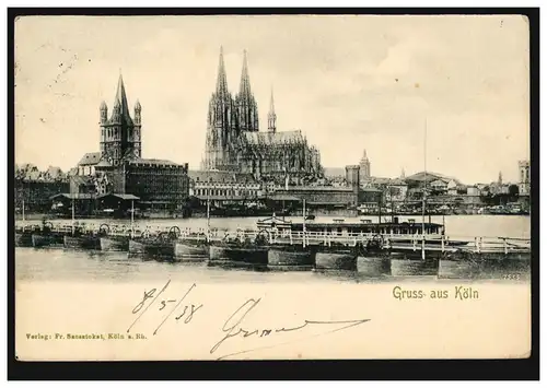 AK Gruss de Cologne: Panorama avec le pont du Rhin et la cathédrale de Köln, 8.5.36 vers la Belgique